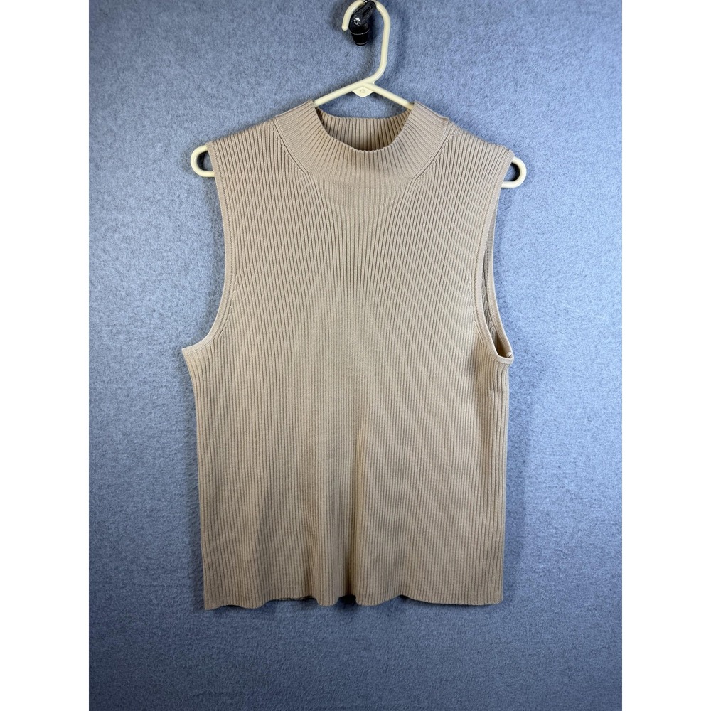 Studio Works Sweater Vest Womens Large Beige Ribbed Knit Mock Neck Sleeveless